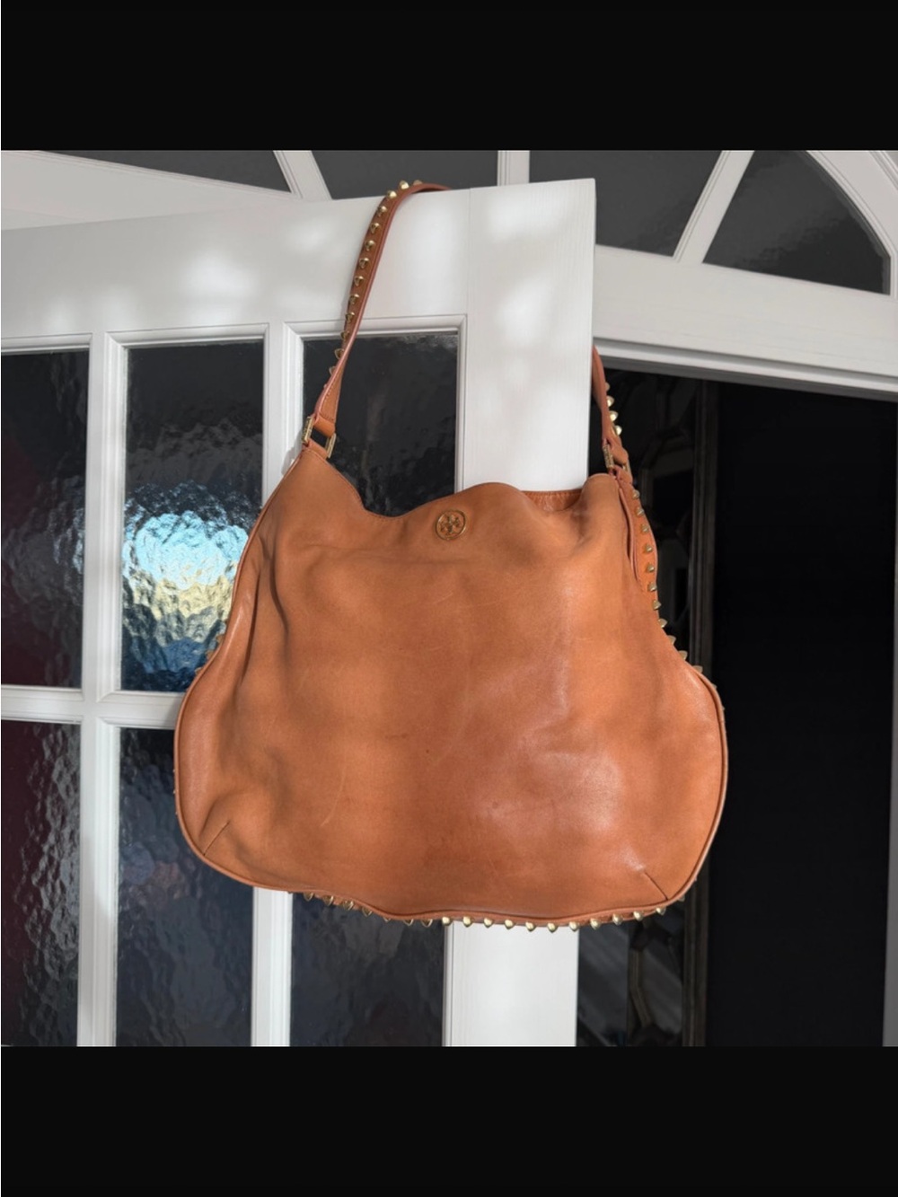 Tory Burch Soft Brown Buttery Leather Shoulder Hobo with Gold Stud Trim